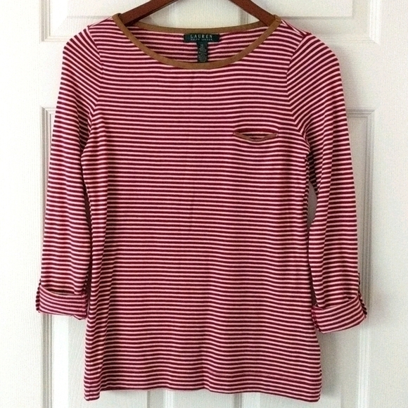 Lauren Ralph Lauren Striped Round Neck Long Roll Tab Sleeve Top Red White XS - Picture 2 of 14